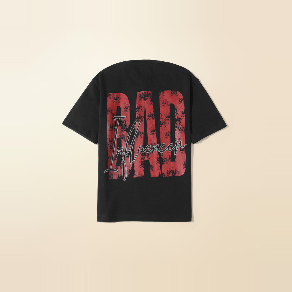 LNX Bad Influencer Tee in Black, back view showing rear print, flat lay