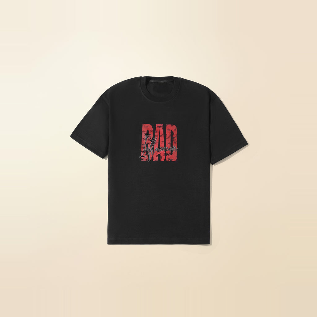 LNX Bad Influencer Tee in Black, front view, flat lay product photo