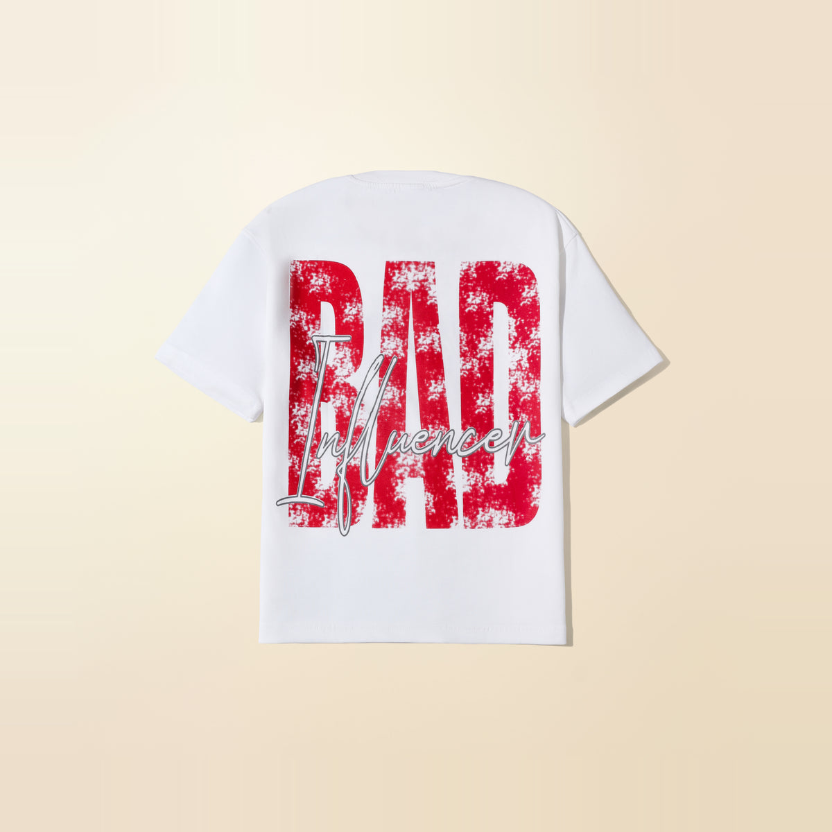 LNX Bad Influencer Tee in White, back view showing rear print, flat lay