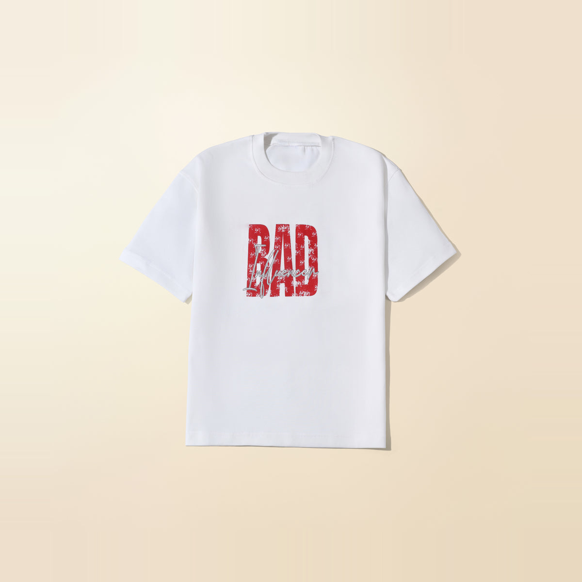 LNX Bad Influencer Tee in White, front view, flat lay product photo